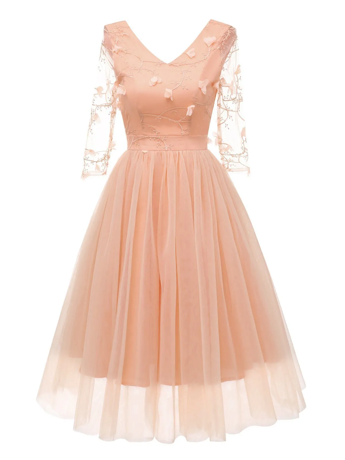 1950s Mesh Embroidery Bridesmaid Dress