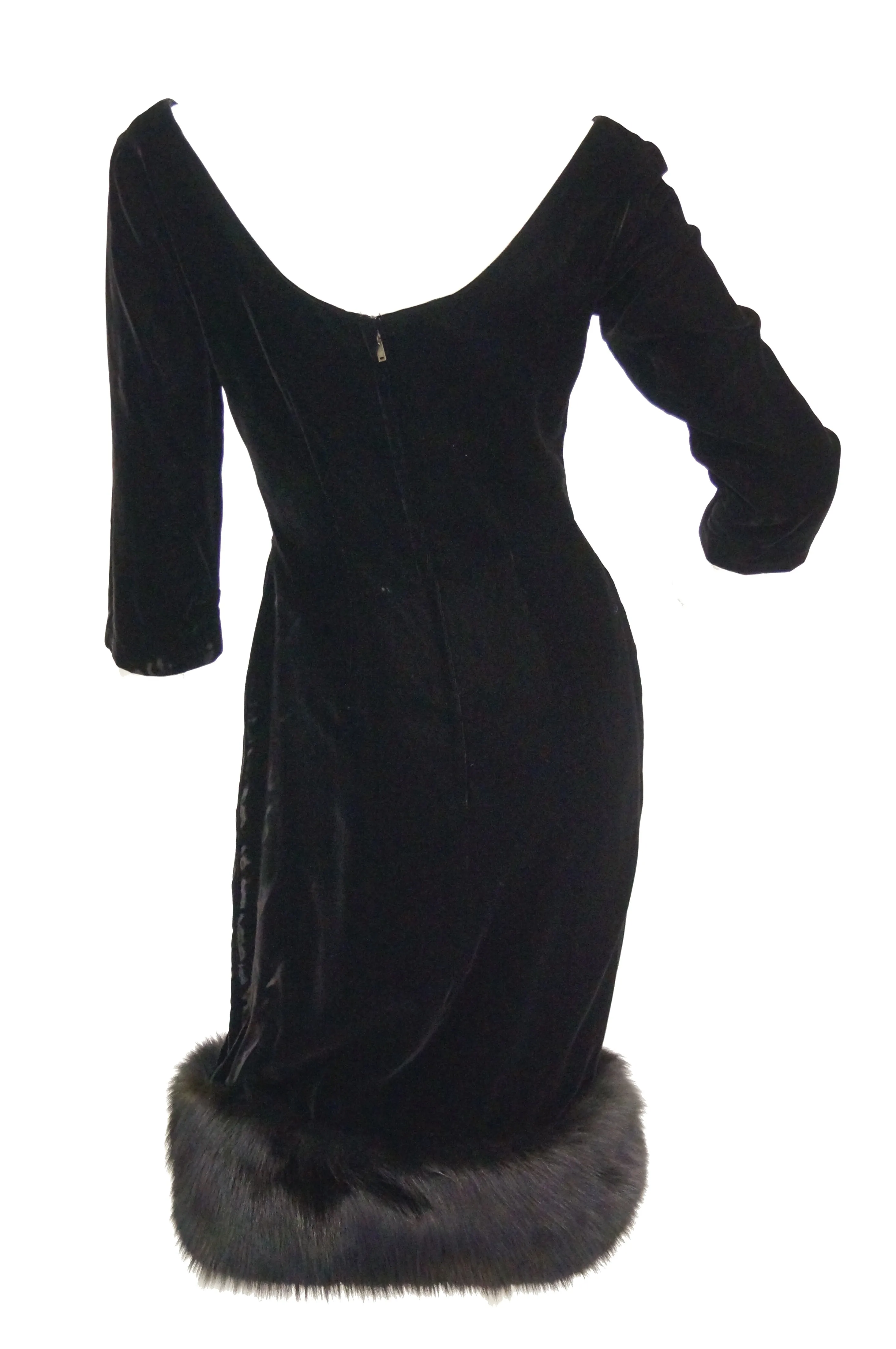 1950s Suzy Perette Black Velvet Fox Trim Cocktail Dress
