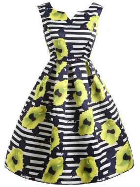 1950s Yellow Floral Striped Dress