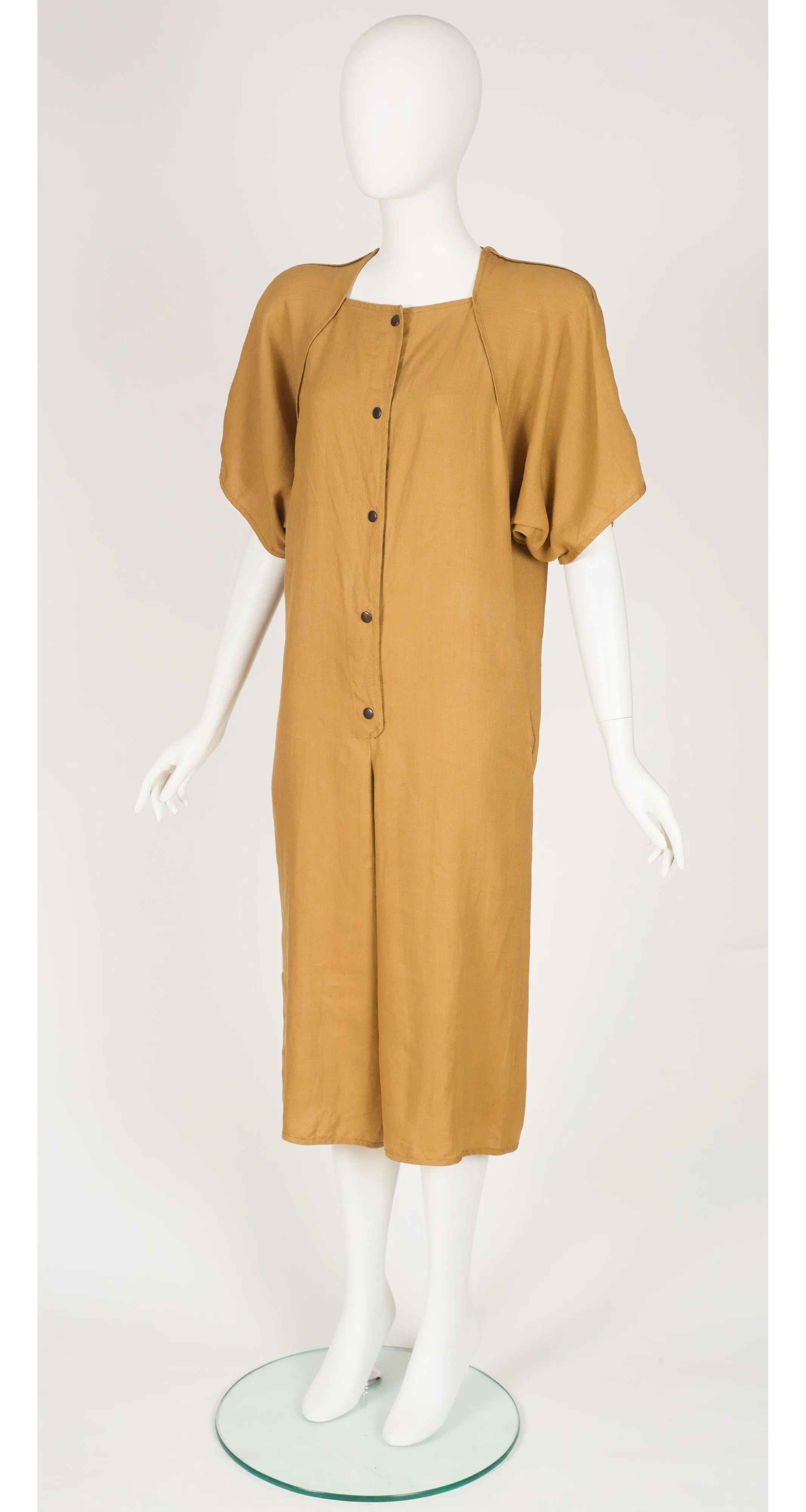 1970s Ochre Linen Short Sleeve Culottes Romper
