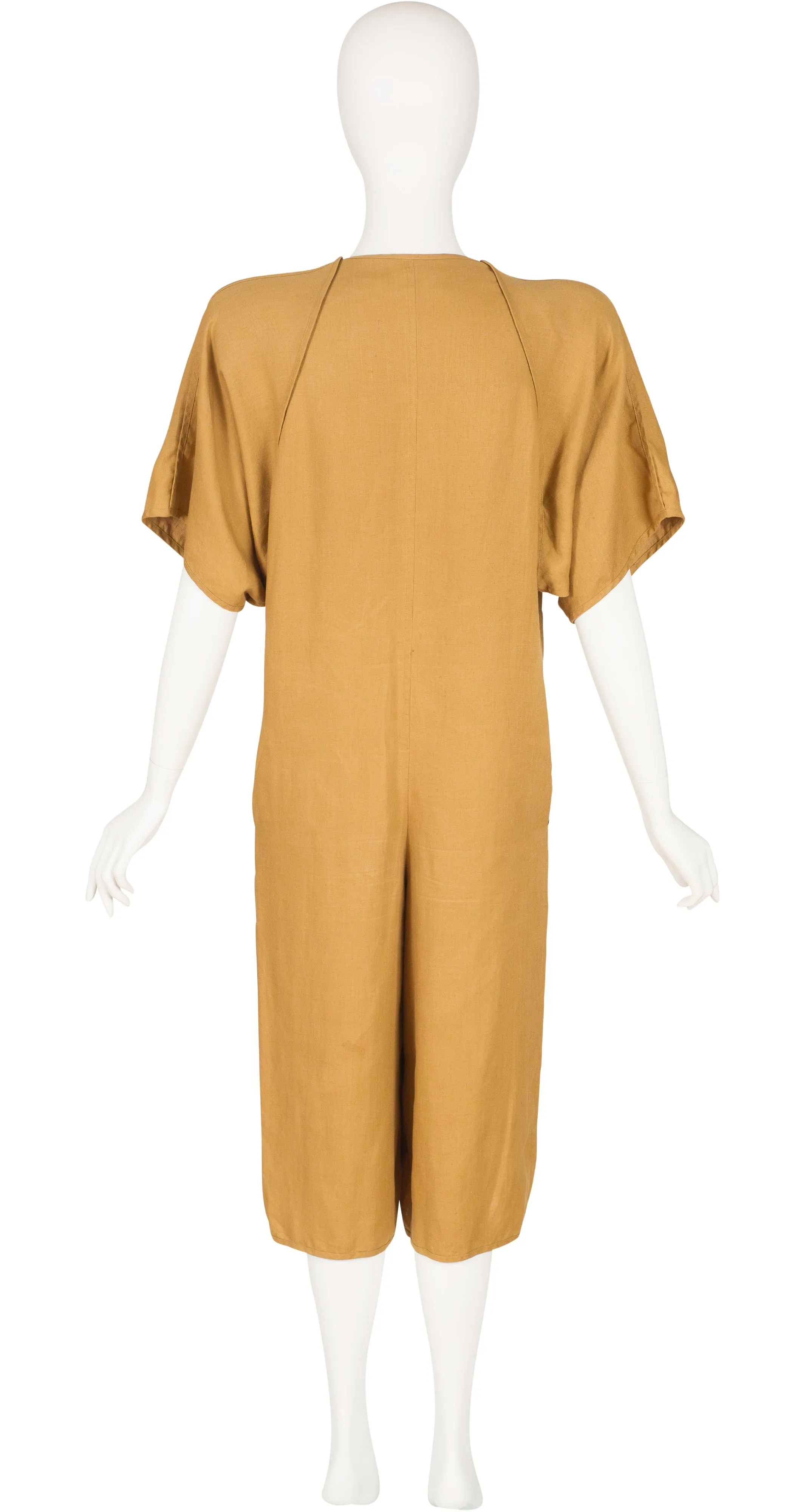 1970s Ochre Linen Short Sleeve Culottes Romper