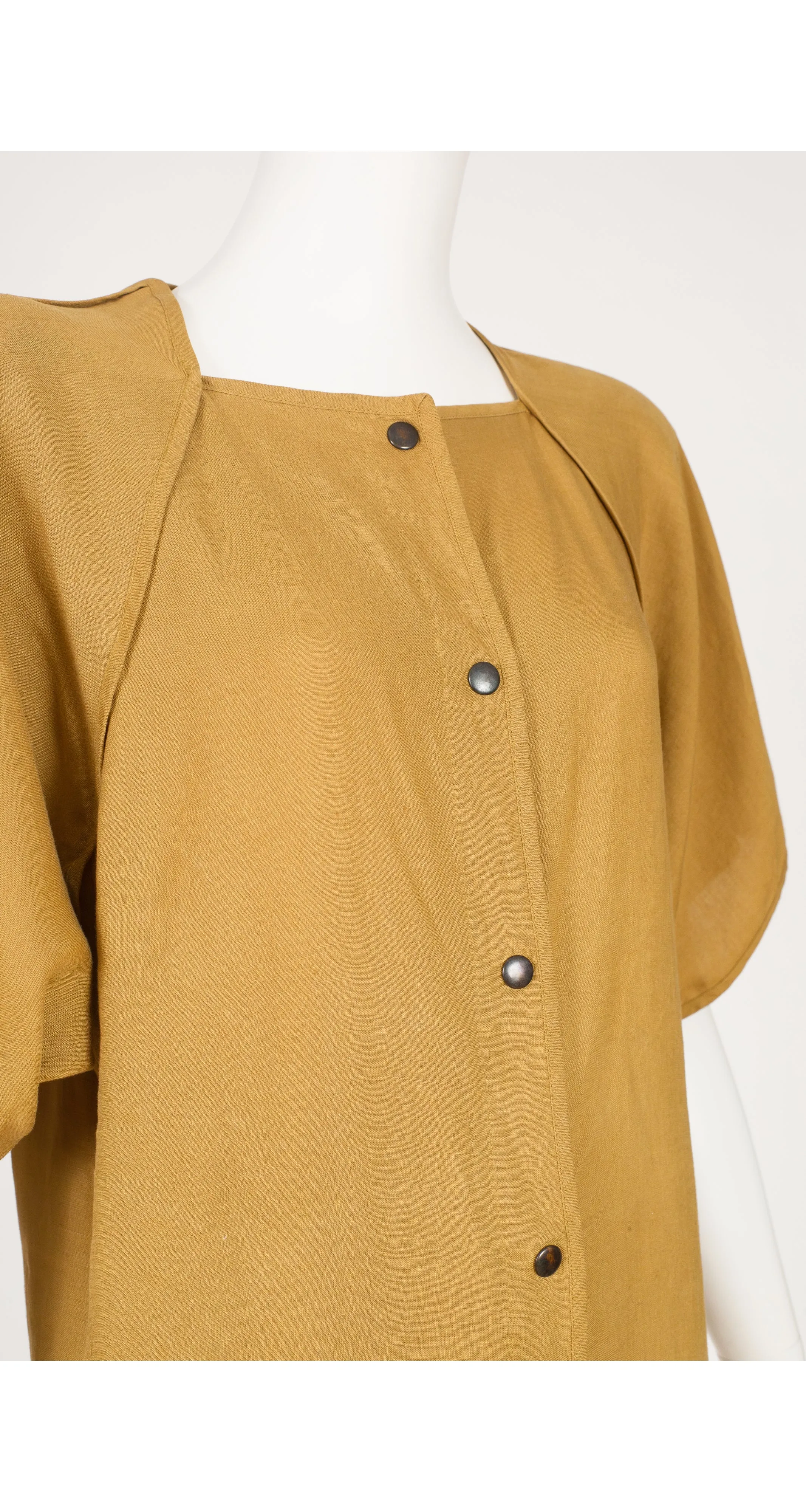 1970s Ochre Linen Short Sleeve Culottes Romper