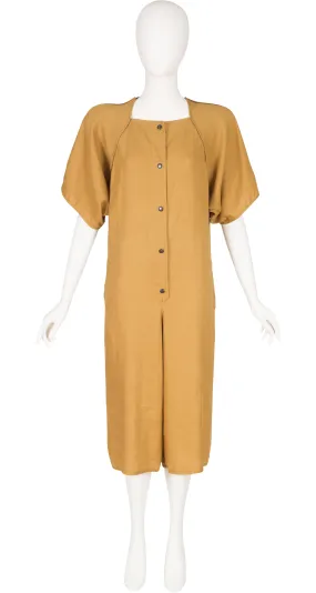 1970s Ochre Linen Short Sleeve Culottes Romper