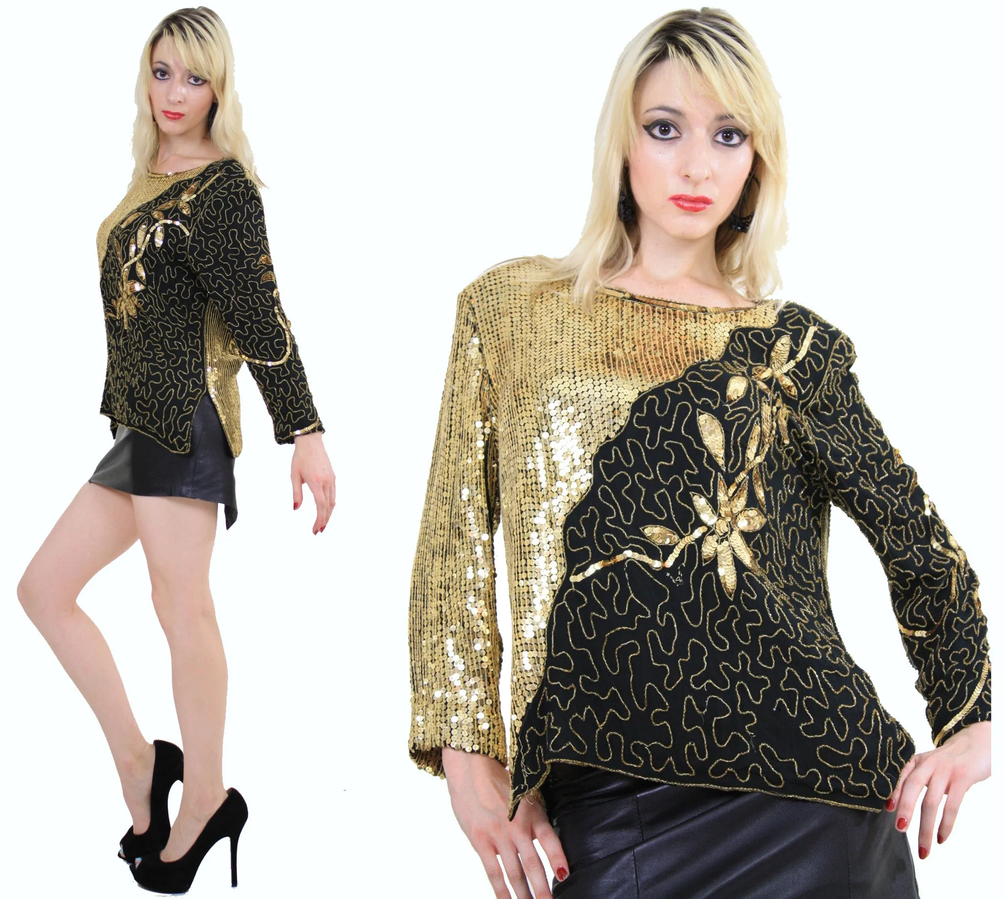 80s beaded metallic sequin top floral design sheer silk