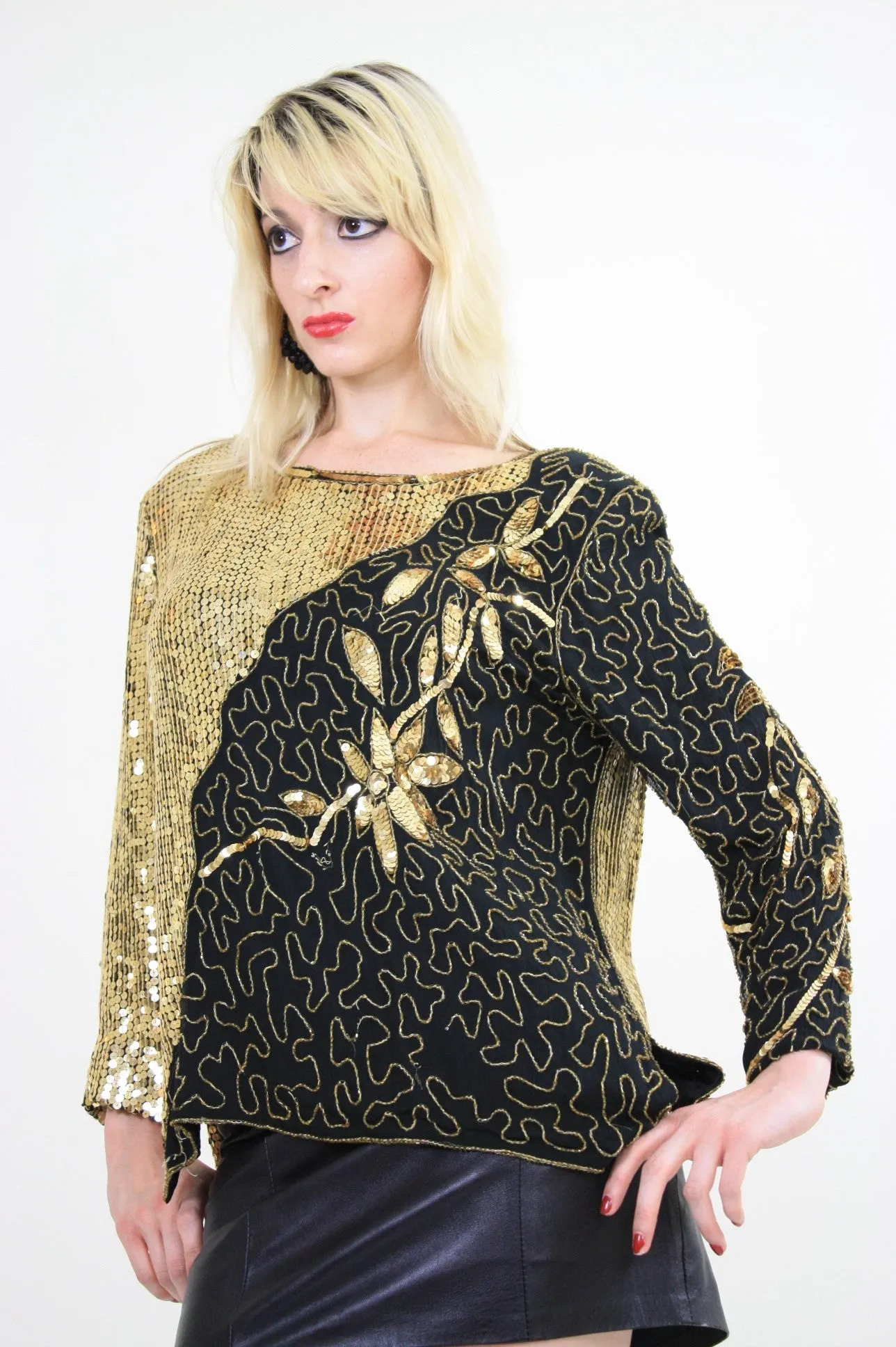 80s beaded metallic sequin top floral design sheer silk