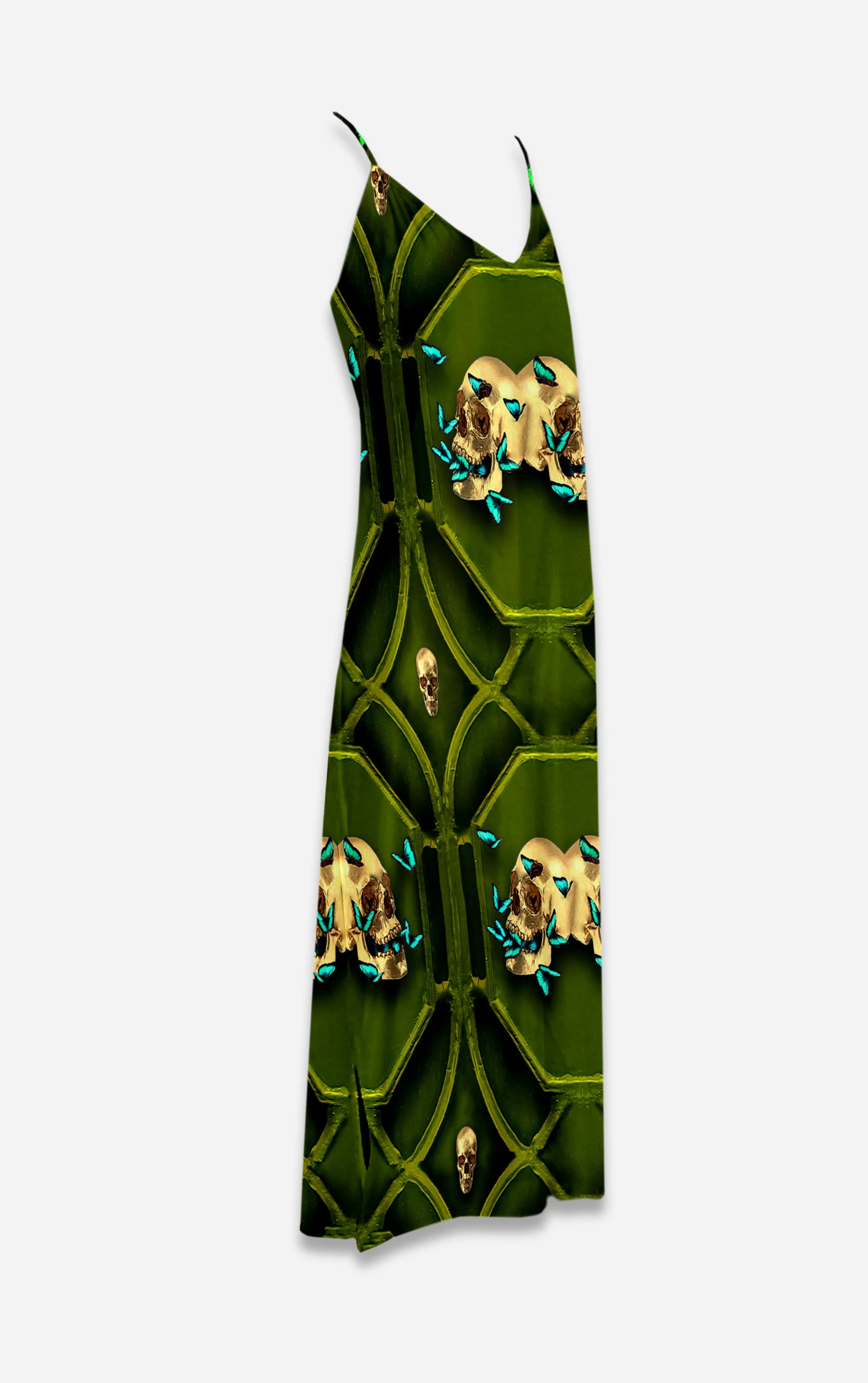 All Saints Breath- 100% Silk Satin French Gothic V Neck Slip Dress Pattern in Bold Olive | Le Leanian™
