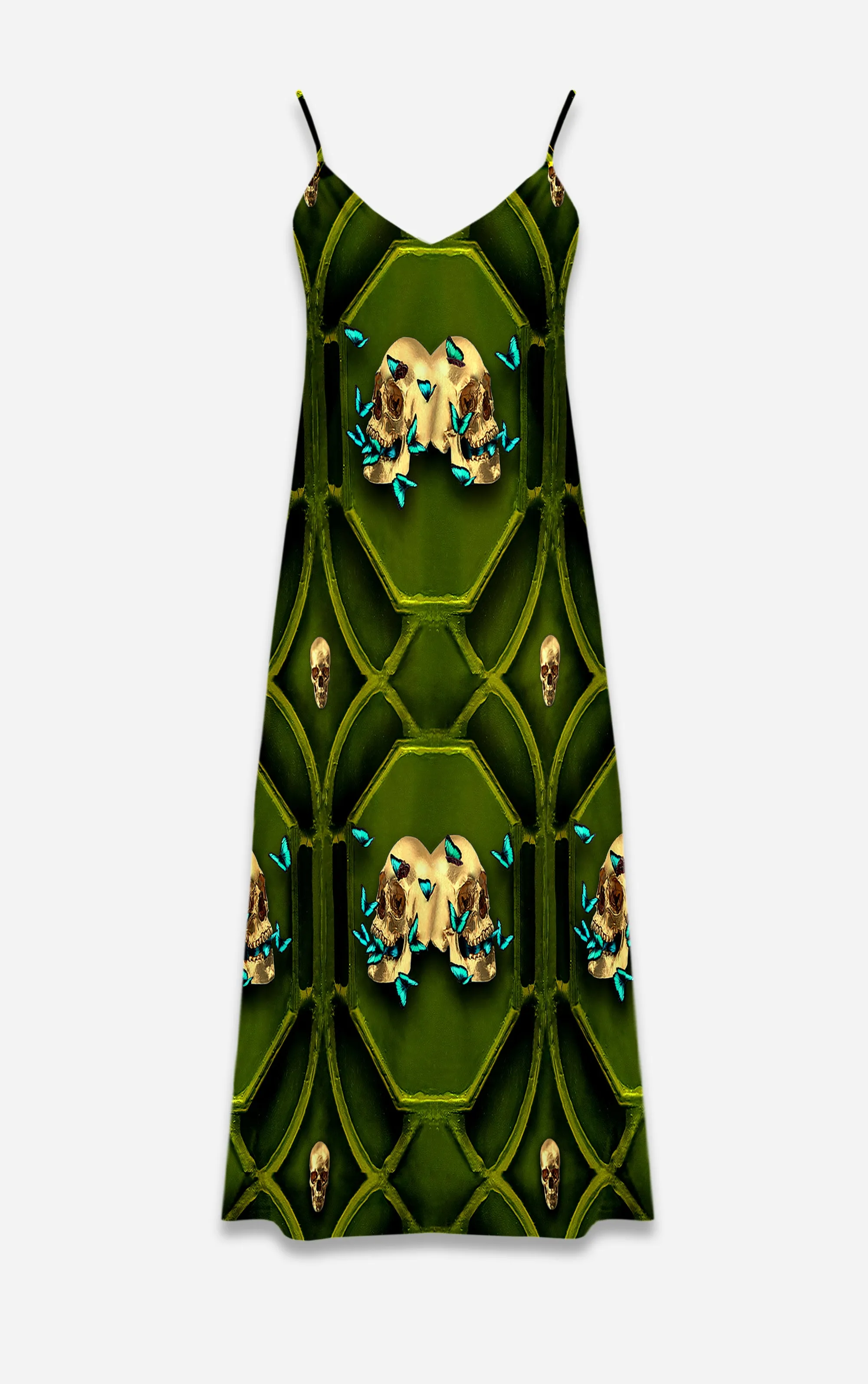 All Saints Breath- 100% Silk Satin French Gothic V Neck Slip Dress Pattern in Bold Olive | Le Leanian™