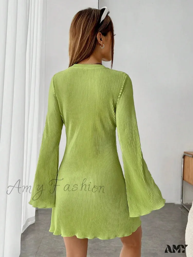 Amy Fashion - Lettuce Trim Trumpet Sleeve Ribbed Knit Dress