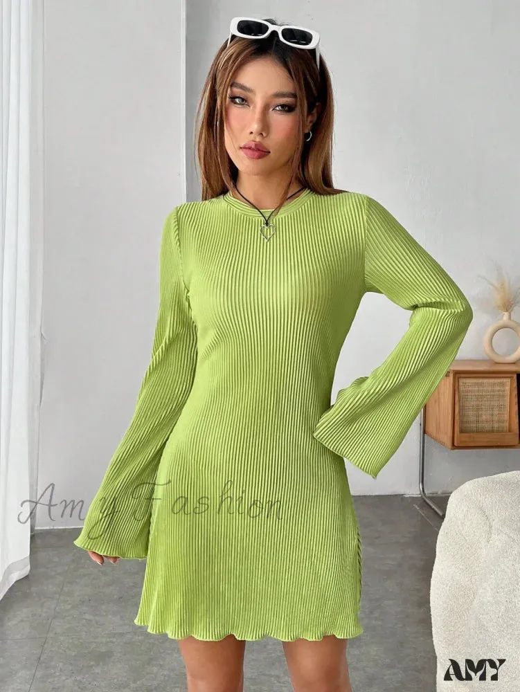 Amy Fashion - Lettuce Trim Trumpet Sleeve Ribbed Knit Dress