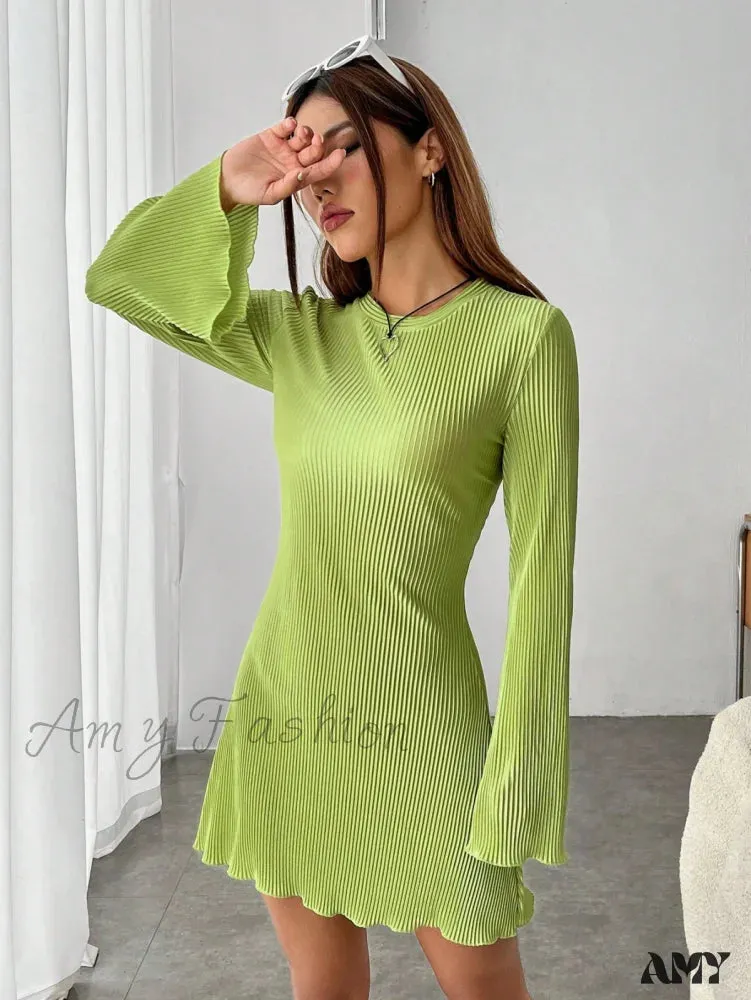 Amy Fashion - Lettuce Trim Trumpet Sleeve Ribbed Knit Dress