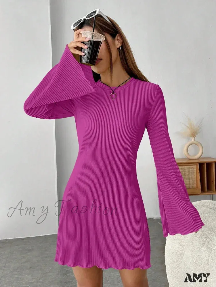 Amy Fashion - Lettuce Trim Trumpet Sleeve Ribbed Knit Dress