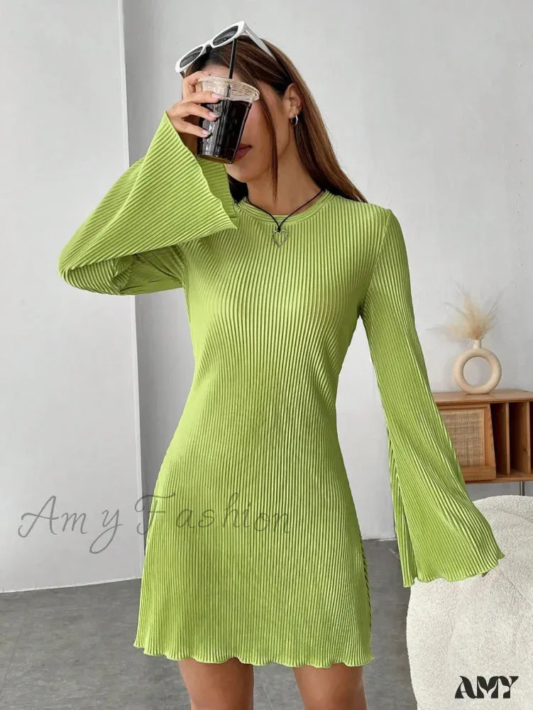 Amy Fashion - Lettuce Trim Trumpet Sleeve Ribbed Knit Dress