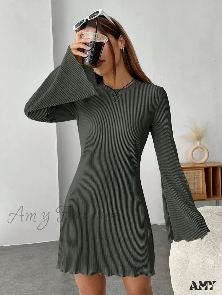 Amy Fashion - Lettuce Trim Trumpet Sleeve Ribbed Knit Dress