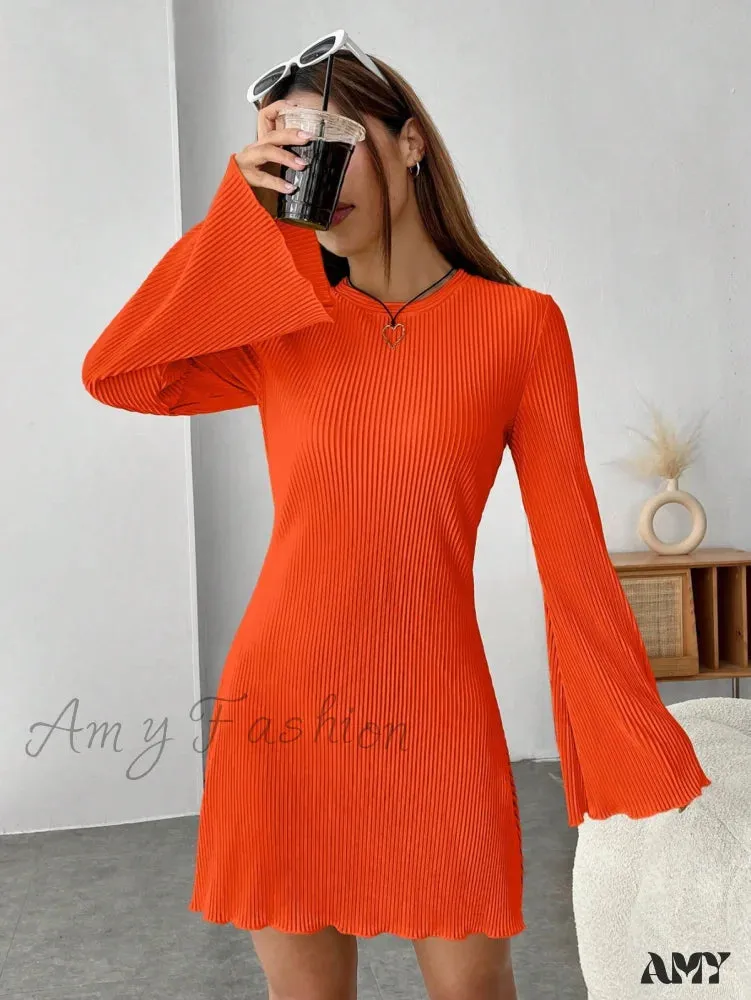 Amy Fashion - Lettuce Trim Trumpet Sleeve Ribbed Knit Dress