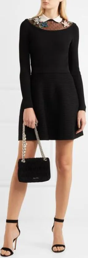 Appliqu̩d Point D'esprit-Paneled Ribbed-Knit Mini Dress