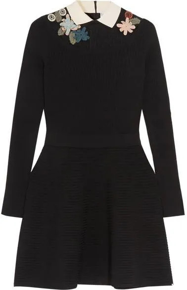 Appliqu̩d Point D'esprit-Paneled Ribbed-Knit Mini Dress