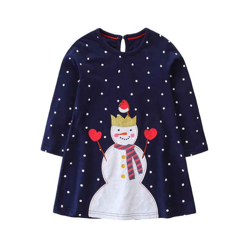 Applique Snowman Cotton Dress, Size 2-7 Yrs
