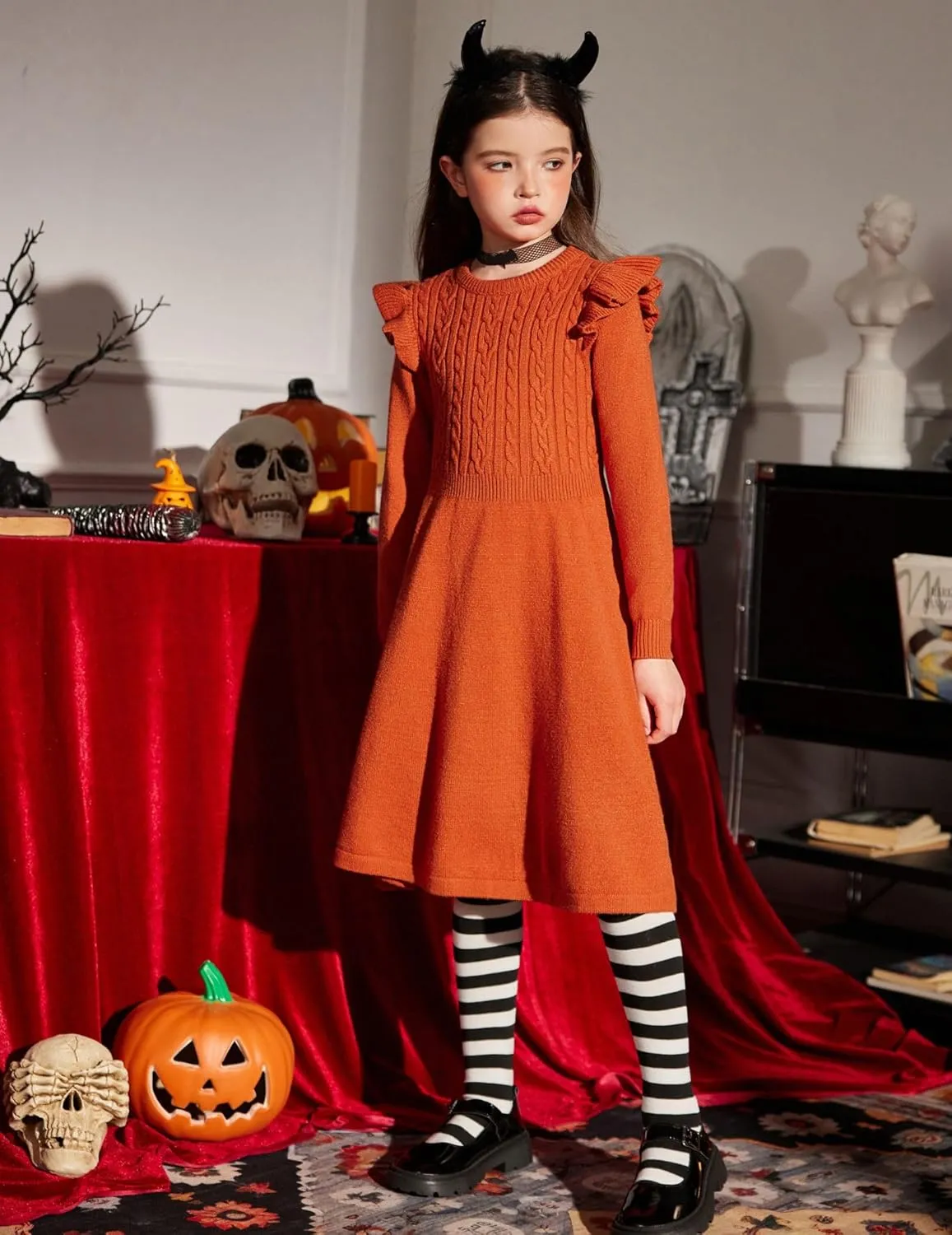 Arshiner Girls Sweater Dress Fall Winter Lantern Long Sleeve Cable Midi Dresses