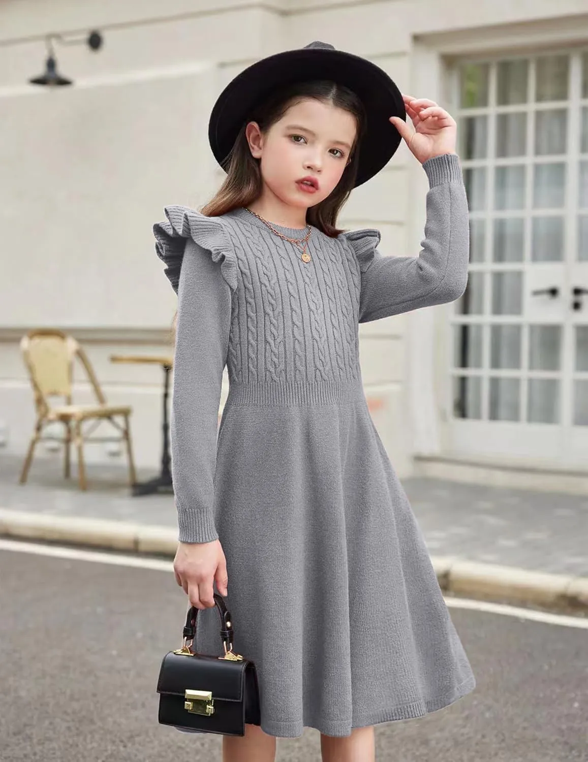 Arshiner Girls Sweater Dress Fall Winter Lantern Long Sleeve Cable Midi Dresses