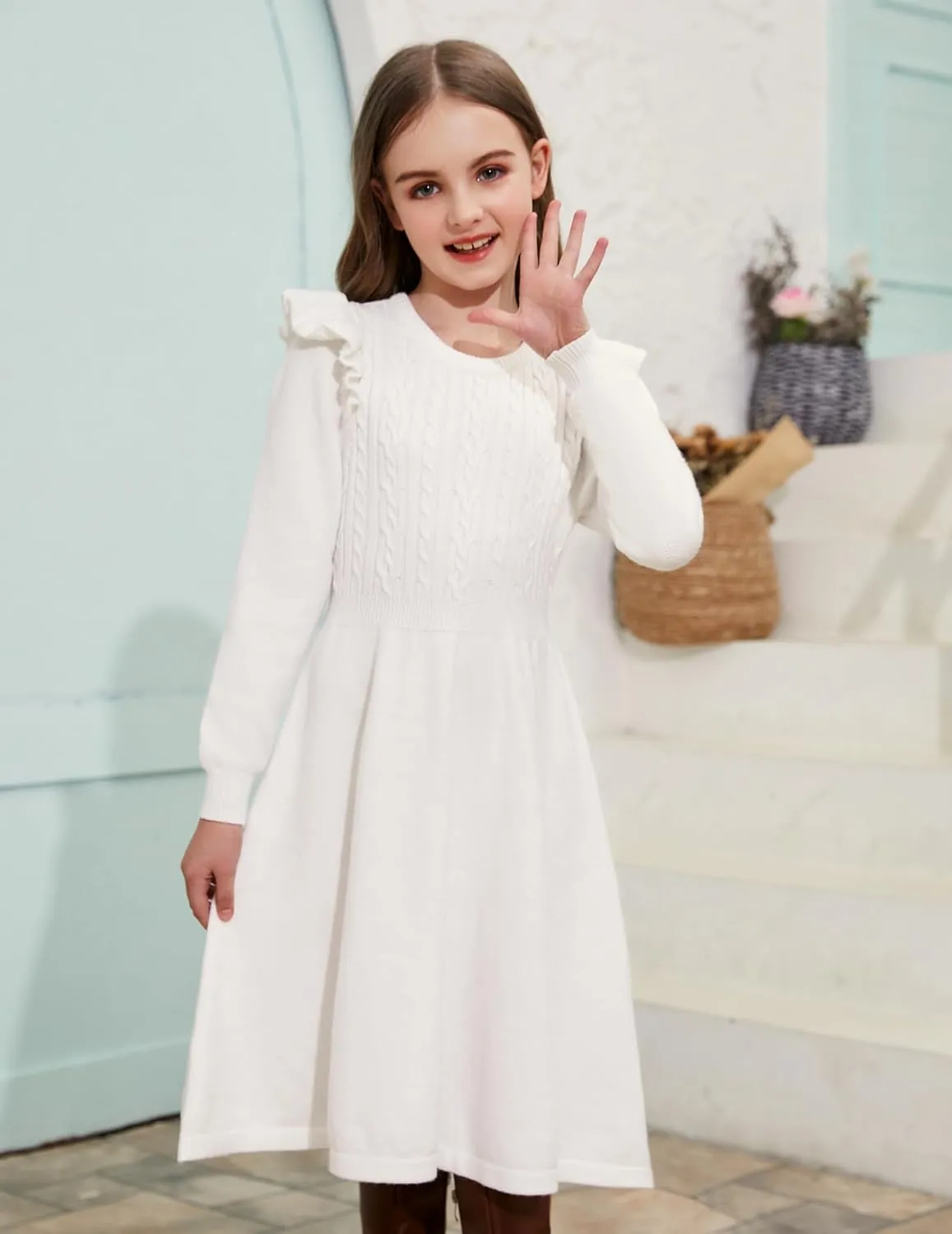 Arshiner Girls Sweater Dress Fall Winter Lantern Long Sleeve Cable Midi Dresses