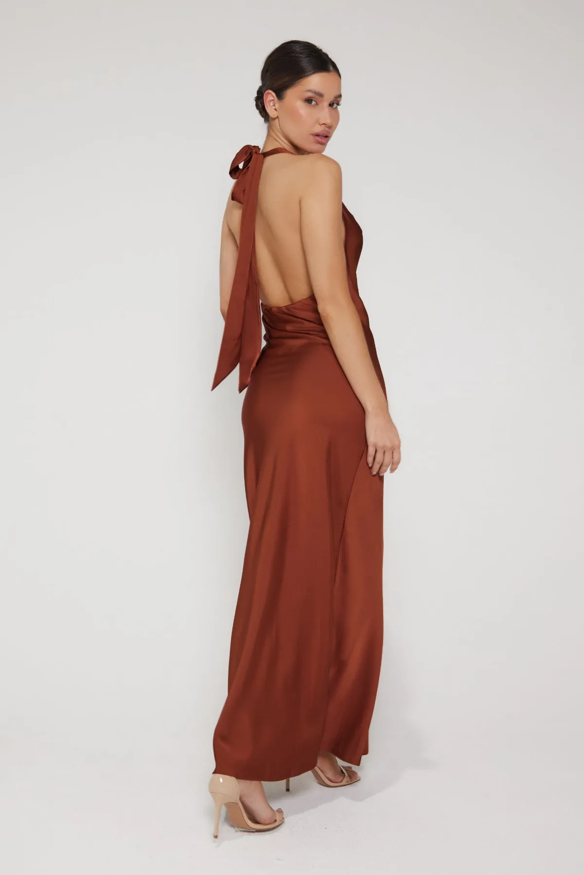 Aurora Cowl Halter Neck Slip Dress - Rust