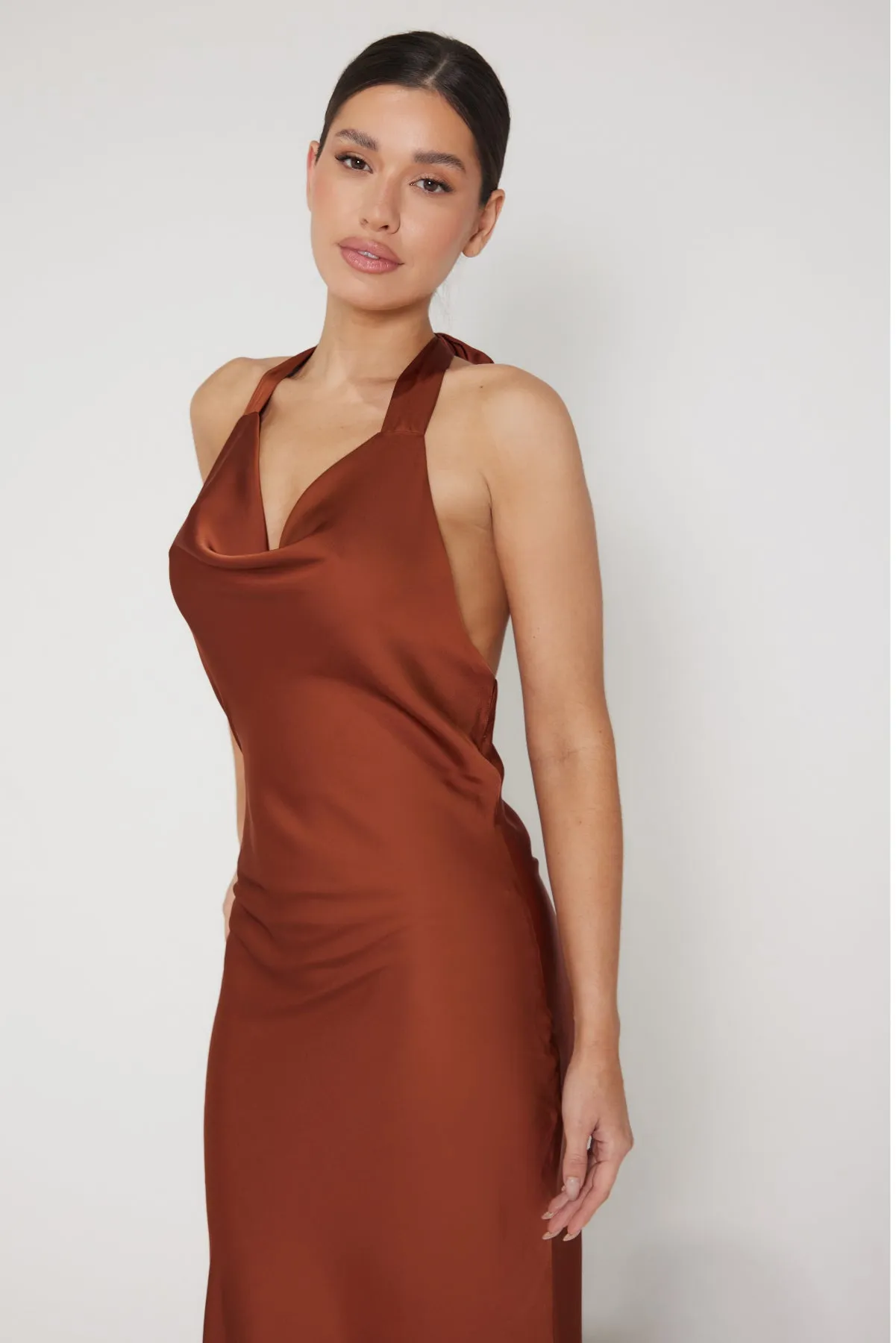 Aurora Cowl Halter Neck Slip Dress - Rust