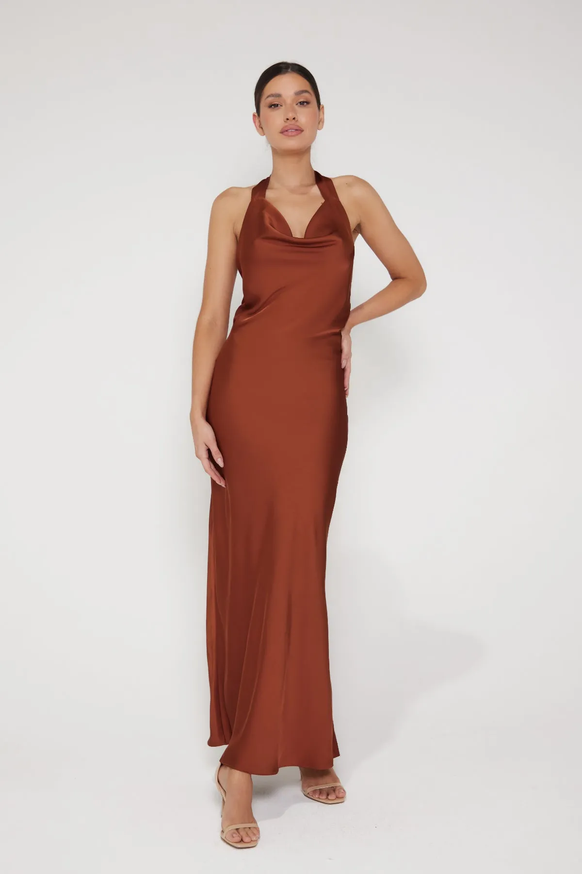 Aurora Cowl Halter Neck Slip Dress - Rust