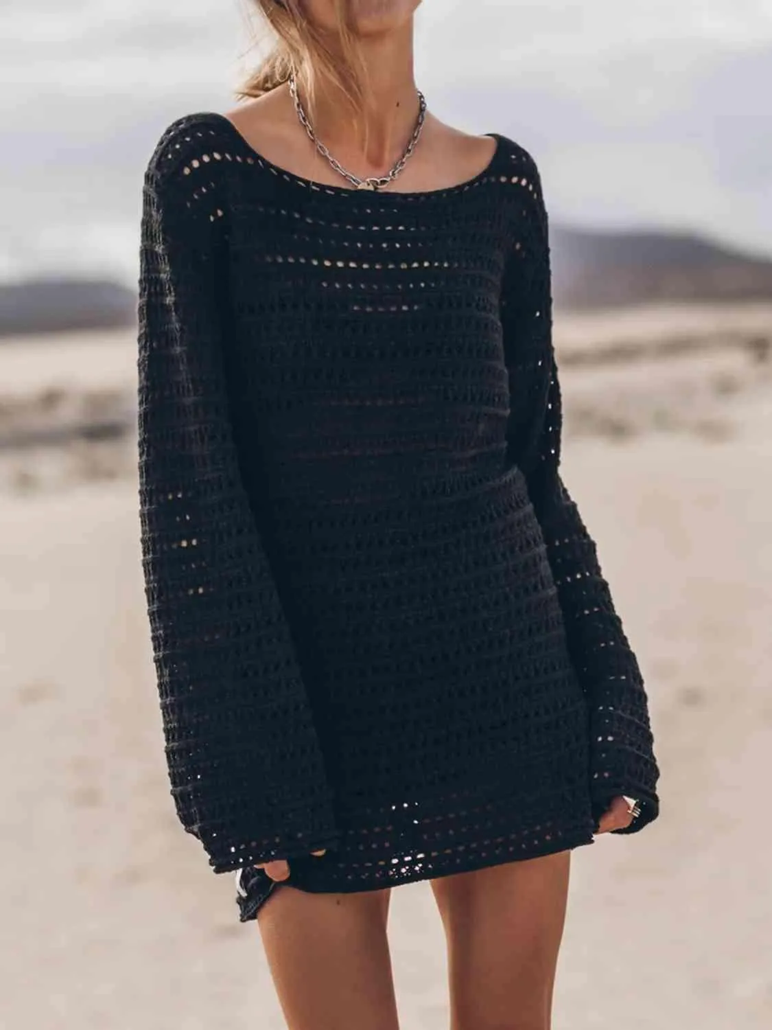 Awe-Striking Open Knit Tied Open Back Sweater Dress