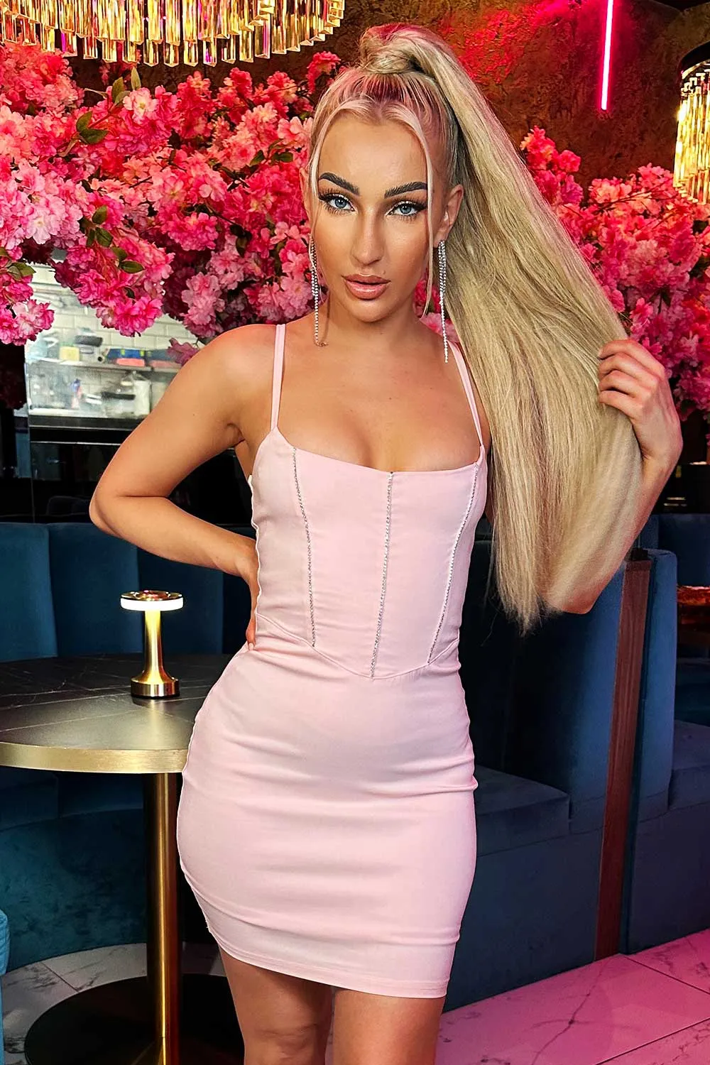 Baby Pink Short Bodycon Dress With Diamante Embellishment