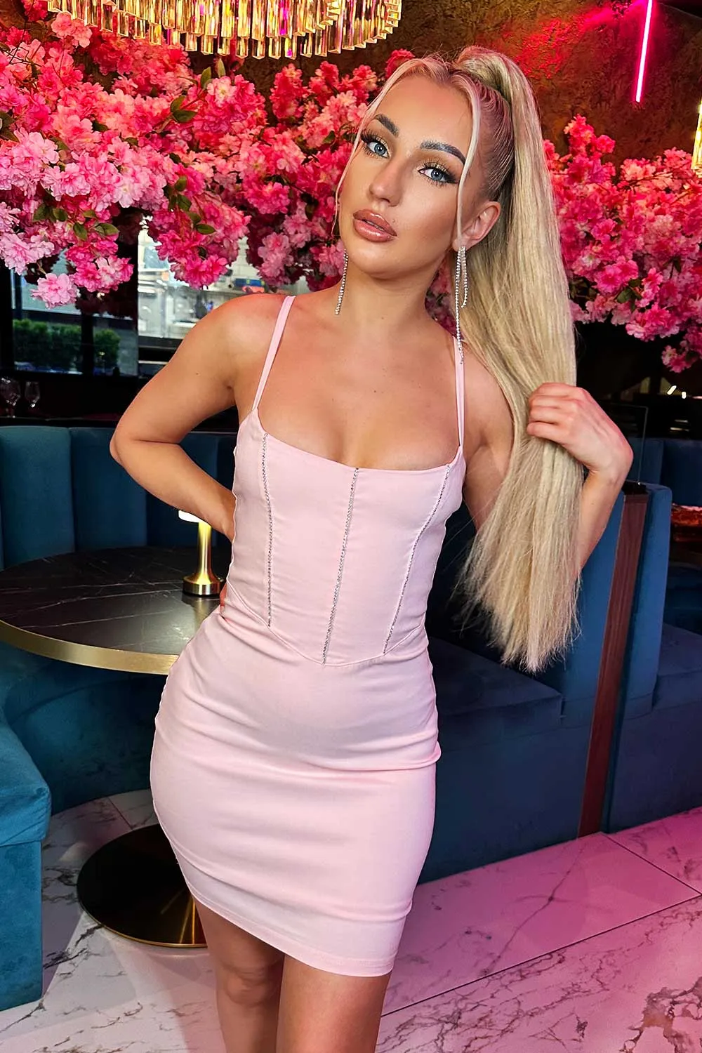 Baby Pink Short Bodycon Dress With Diamante Embellishment