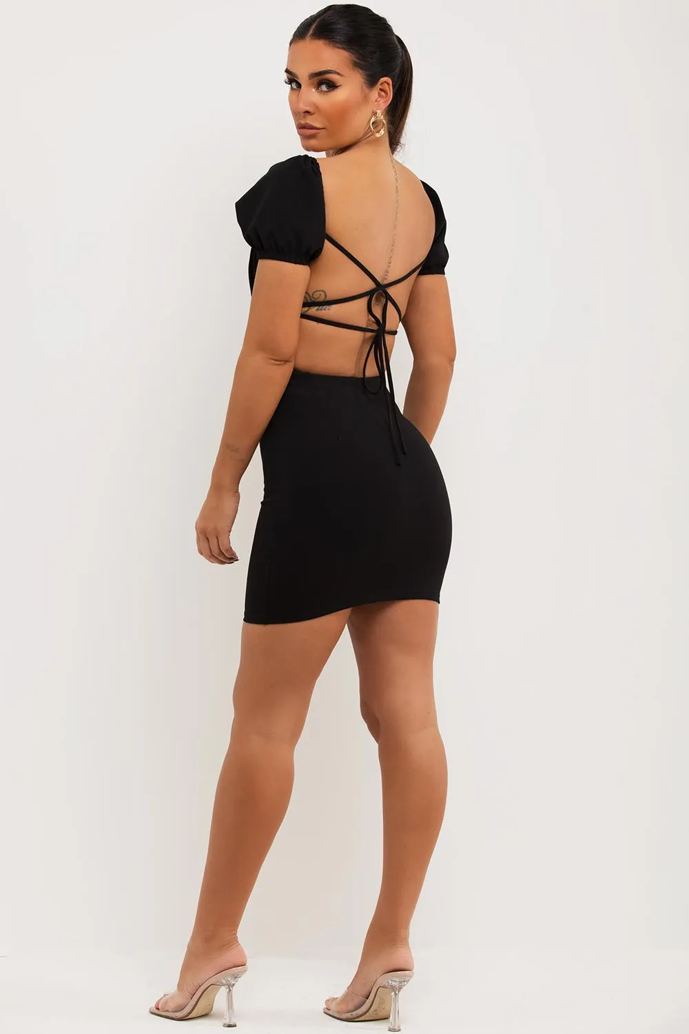 Backless Strappy Short Bodycon Dress Black