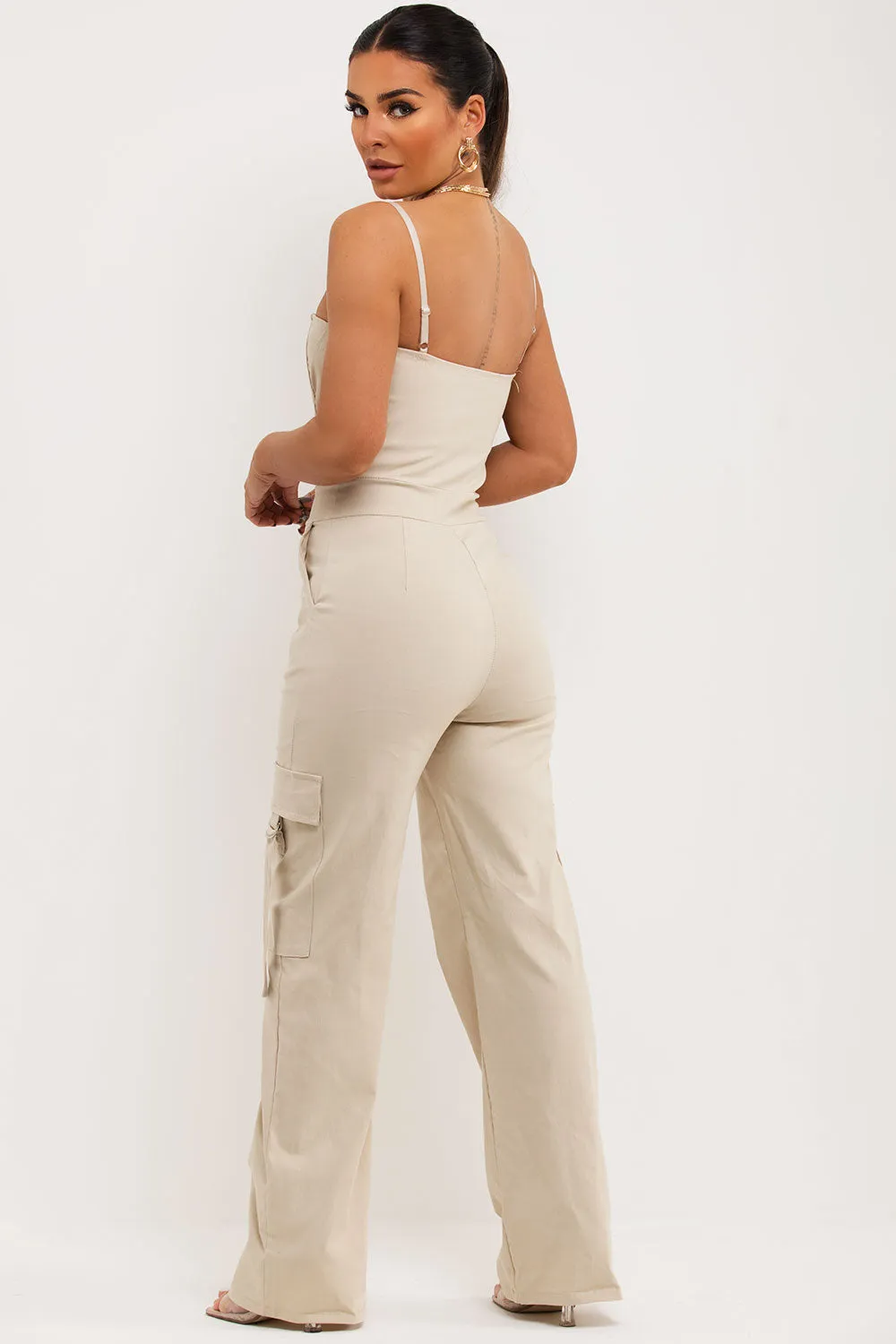 Beige Cargo Jumpsuit With Pocket Detail