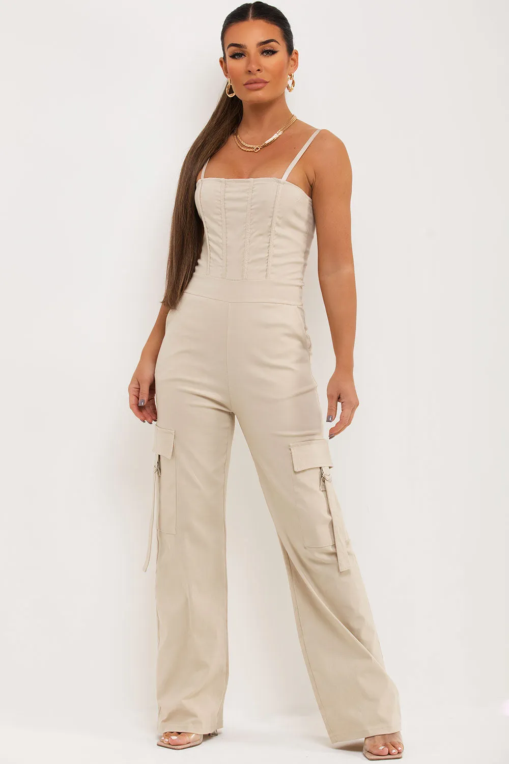 Beige Cargo Jumpsuit With Pocket Detail