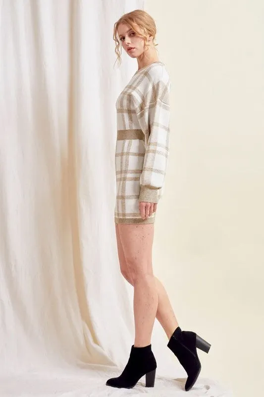 Beige Plaid Mini Dress