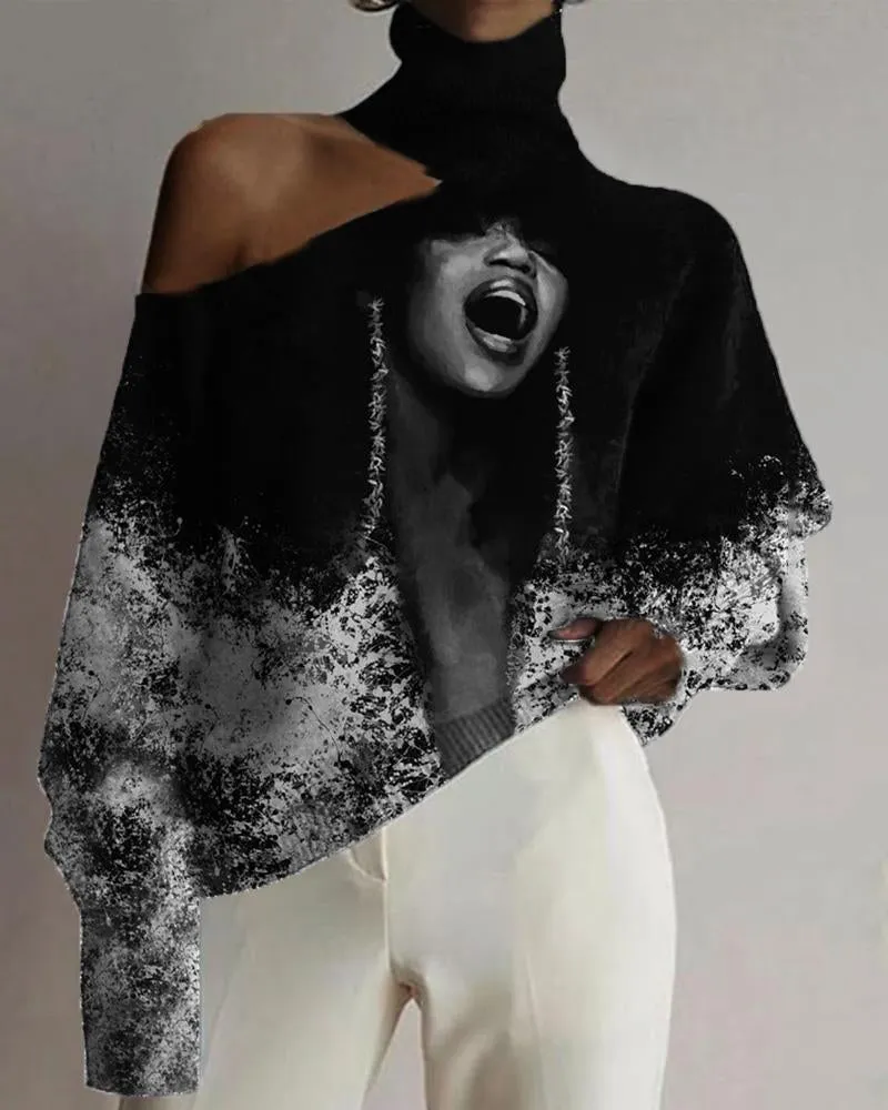 Black Afro Girl Personality Print Cutout Turtleneck Top