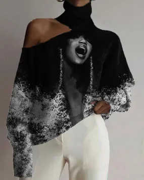 Black Afro Girl Personality Print Cutout Turtleneck Top