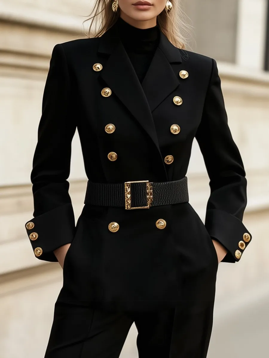 Black Double-Breasted Jumpsuit with Gold Button Detailing