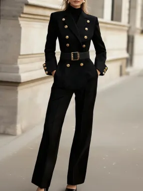 Black Double-Breasted Jumpsuit with Gold Button Detailing