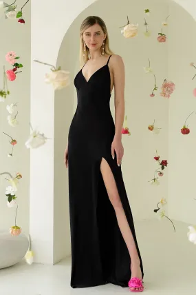 Black Satin Thigh-Slit Slip Dress