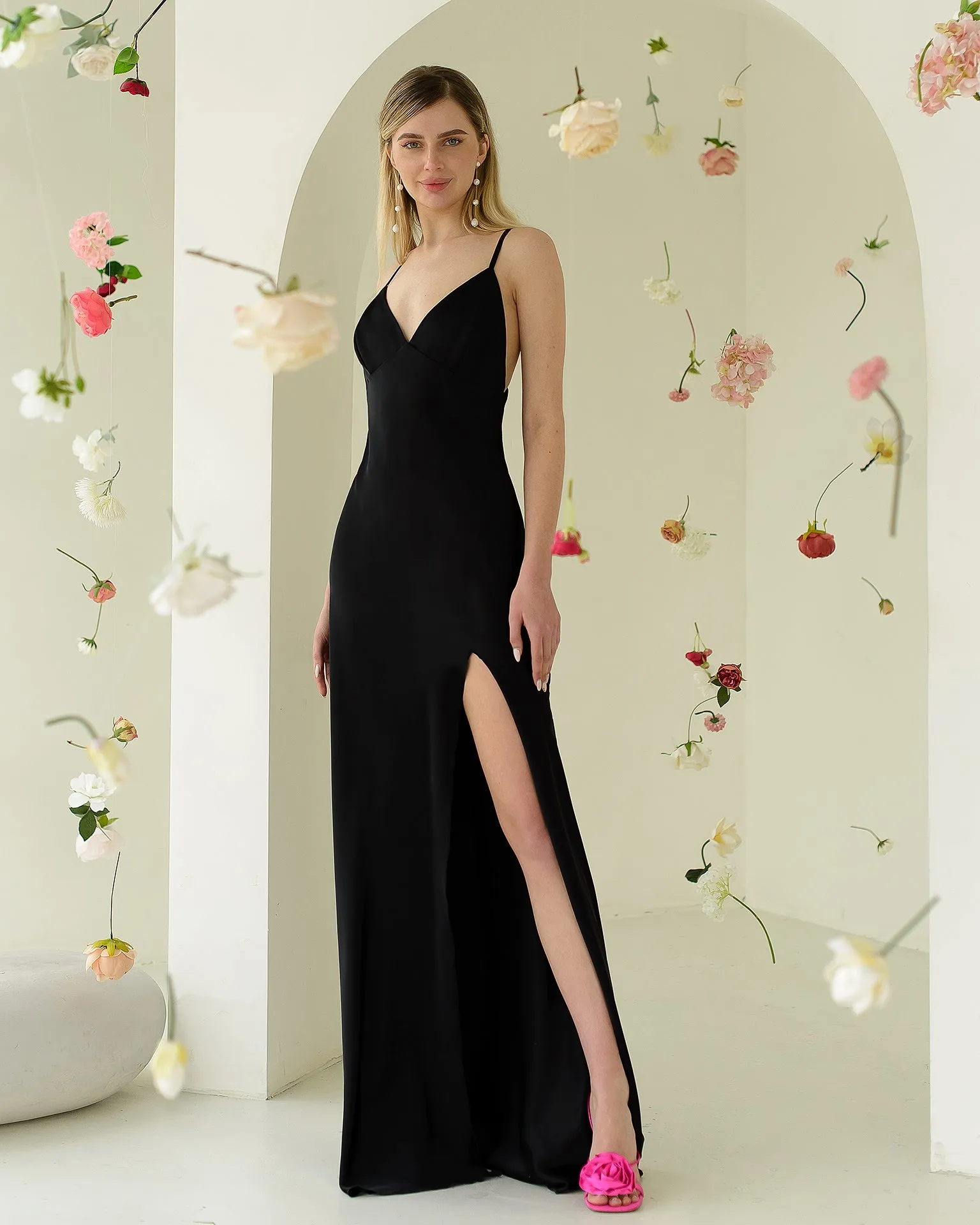 Black Satin Thigh-Slit Slip Dress