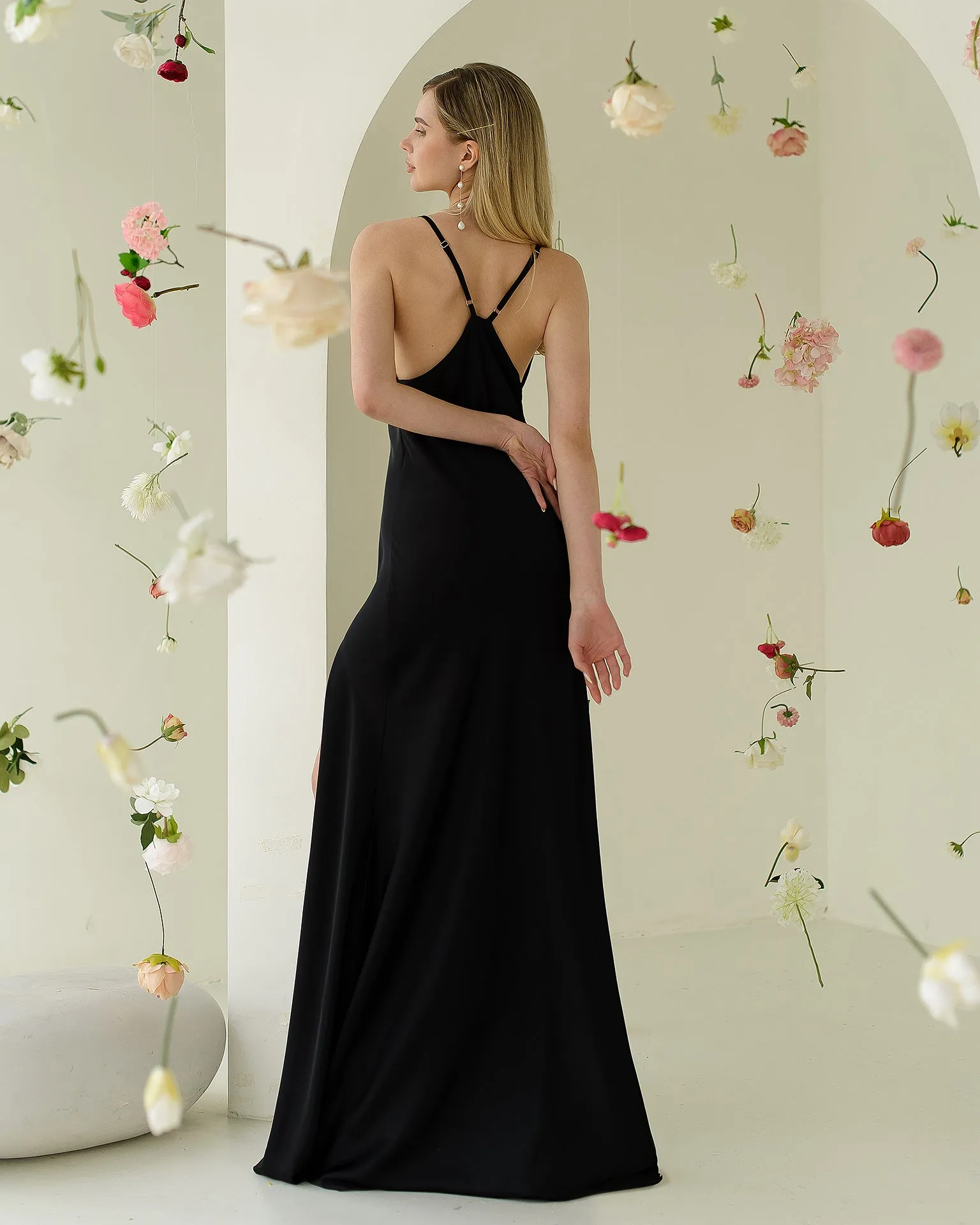 Black Satin Thigh-Slit Slip Dress