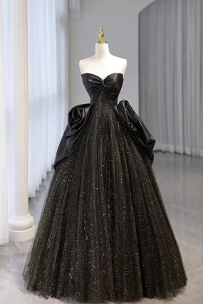 Black Satin Tulle Floor Length Prom Dress, Elegant A-Line Strapless Party Dress