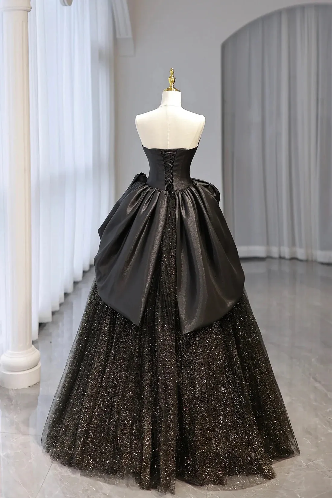 Black Satin Tulle Floor Length Prom Dress, Elegant A-Line Strapless Party Dress