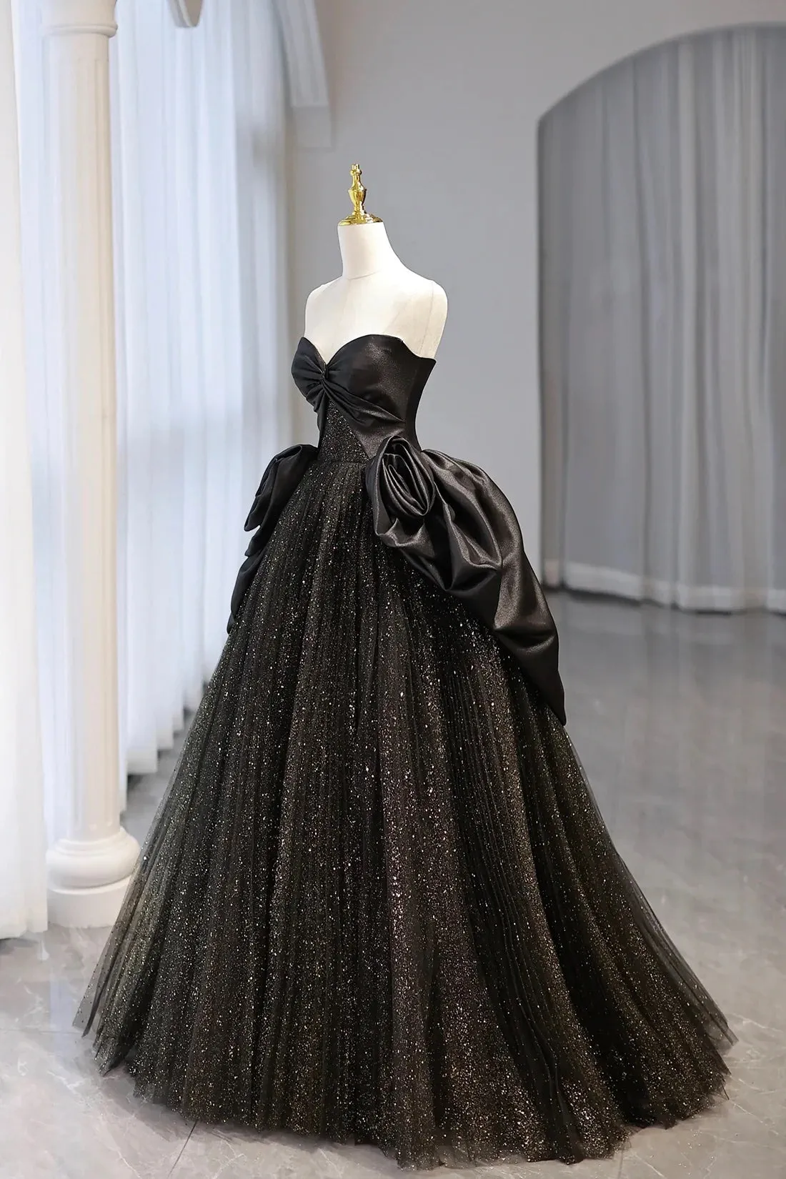 Black Satin Tulle Floor Length Prom Dress, Elegant A-Line Strapless Party Dress