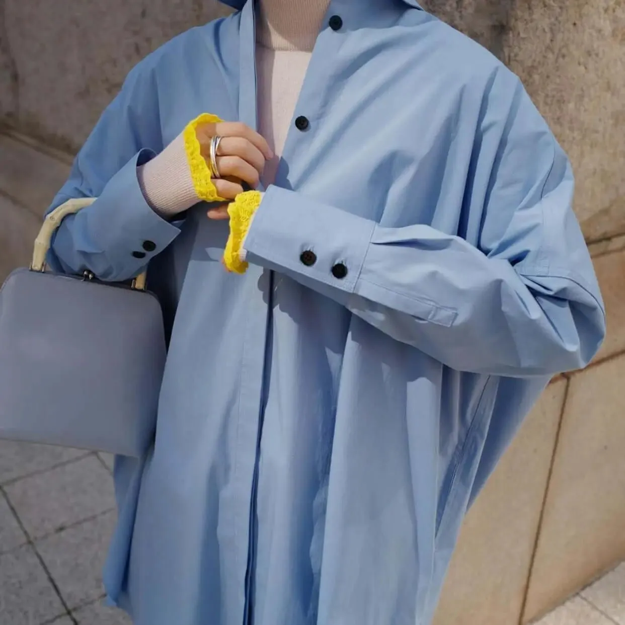 Blue Cotton Midi Shirt Dress with Lapel Collar and Long Sleeves