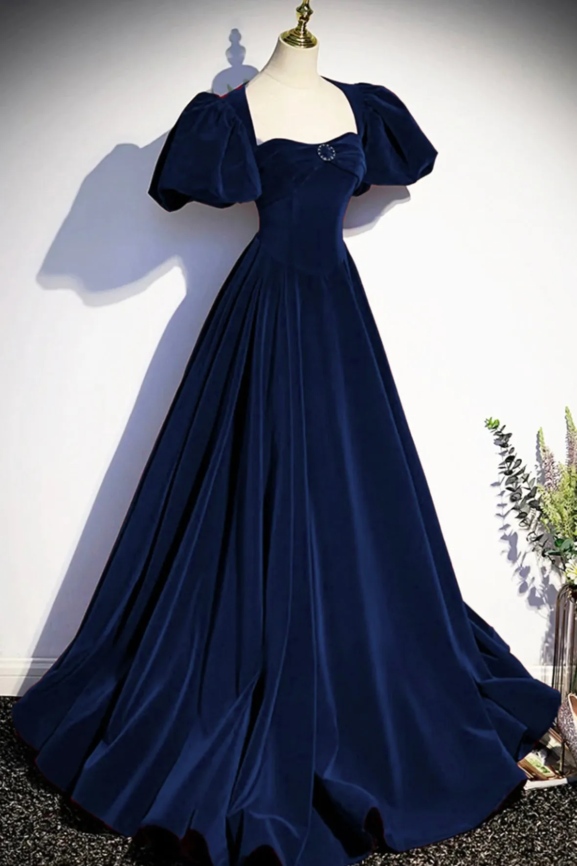 Blue Velvet Long Prom Dress, Beautiful A-Line Backless Evening Party Dress