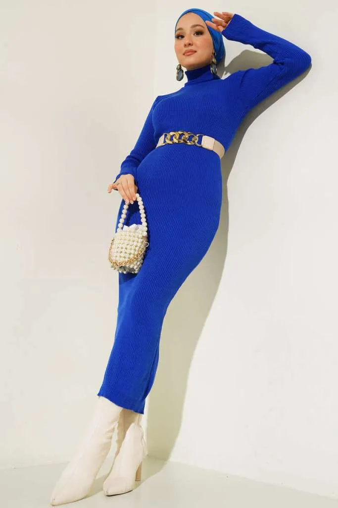 BNG Women Ribbed Long Sweater Dress in Saxe Blue - Clermont