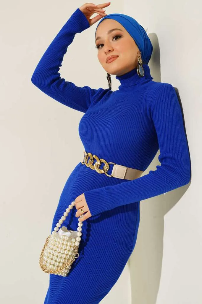 BNG Women Ribbed Long Sweater Dress in Saxe Blue - Clermont