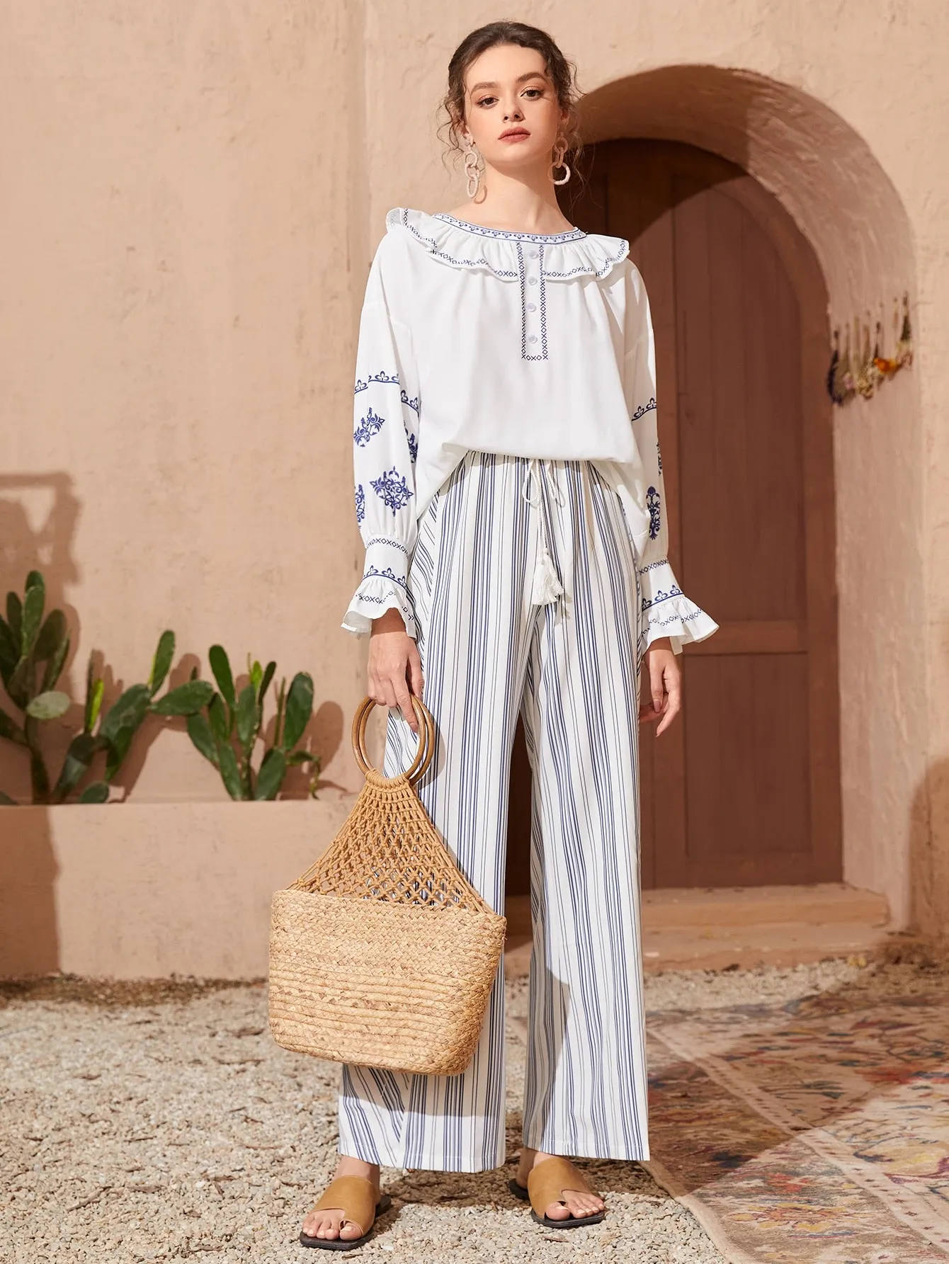 Boho Striped Fringe High Waist Long Women Pants