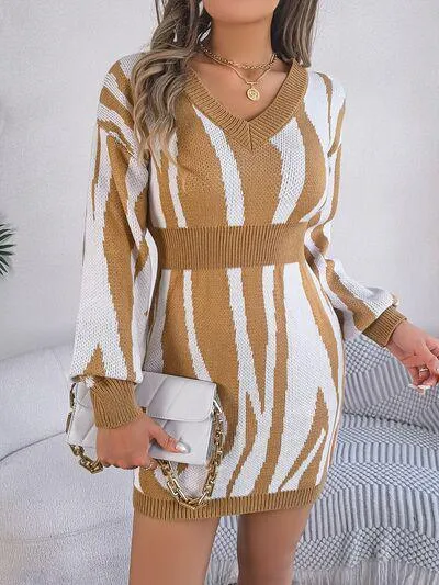Bold And Wild Long Sleeve Zebra Print Sweater Dress